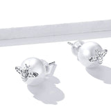 925 Sterling Silver Bee on the Pearl Stud Earrings for Women Noble Wedding Engagement Jewelry