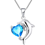 Dolphin Necklace, 925 Sterling Silver Cubic Zirconia Love Heart Birthstones Pendant Necklaces,Jewelry for Women