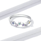 Authentic 925 Sterling Silver Colorful Star Line Finger Rings for Women Hypoallergenic Gift Statement Jewelry