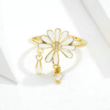 Falling Petal Daisy Finger Rings for Women White Enamel Flower Design Adjustable Ring Sterling Silver
