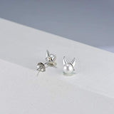 Sterling Silver Freshwater Pearl Fox Stud Earrings Animal Earrings Tiny Small Single Pearl Fine Jewelry for Women Teen Girls