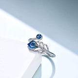 Feather Ring 925 Sterling Silver Adjustable Blue Feather Ring Jewelry for Women