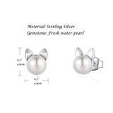 Sterling Silver Freshwater Pearl Cat Stud Earrings Animal Earrings Tiny Small Single Pearl Fine Jewelry for Women
