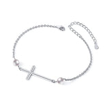  Silver Sideways Cross Pearl Bracelet