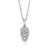 Rhodium Plated Sterling Silver Cubic Zirconia CZ Skull Bones Fashion Pendant Necklace - Halloween Jewelry