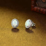 October Birthstone Sterling Silver White Opal Earrings Oval Halo Stud Cubic Zirconia CZ Fire Opal Fine Jewelry for Women