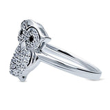 Rhodium Plated Sterling Silver Cubic Zirconia CZ Owl Fashion Right Hand Ring - Halloween Jewelry