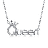 925 Sterling Silver White CZ Crown Queen Pendant Word Charm Necklace for Girlfriend Wife Daughter Granddaughter, 18 Inch + 2 Inch