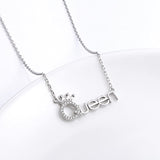 925 Sterling Silver White CZ Crown Queen Pendant Word Charm Necklace for Girlfriend Wife Daughter Granddaughter, 18 Inch + 2 Inch