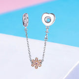 S925 Sterling Silver White Gold Plated Zircon Flower Silicone Safety Chain Charms