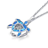 925 Sterling Silver Cubic Zirconia Blue Fire Opal Sea Turtle Pendant Necklace