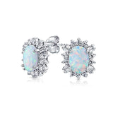 Vintage Style Oval White Created Opal Crown Halo CZ Stud Earrings For Women 925 Sterling Silver October Birthstone