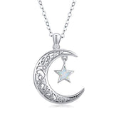 Silver Moon Pendant Necklace with Opal Star Light