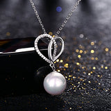 Womens Fashion 925 Sterling Silver Heart Design Single Round White Simulated Shell Pearl Pendant Necklace