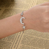 925 Sterling Silver CZ Bling Moon and Stars Bracelet Double Chain Clear