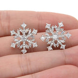 925 Sterling Silver Cubic Zirconia Winter Snowflake Flower Elegant Stud Earrings Clear