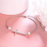 S925 Sterling Silver Sideways Cross Pearl Bracelet For Women