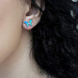 Sterling Silver Butterfly Stud Earrings Blue Opal Gemstone Dainty October Birthstone Fine Jewelry For Women