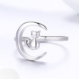 S925 Sterling Silver Moon Cat Ring White Gold Plated Ring