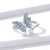 925 Sterling Silver Flying Butterfly Open Adjustable Finger Rings for Women Blue CZ Engagement Statement Jewelry