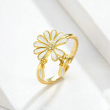 Falling Petal Daisy Finger Rings for Women White Enamel Flower Design Adjustable Ring Sterling Silver