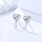 s925 Sterling Silver Earrings Fashion Key Stud Earrings Heart Shaped Zircon