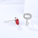 S925 Sterling Silver Heart Lock Female Natal Fashion Trendy Micro-inlaid Red Diamond Key Lock Asymmetric Earrings