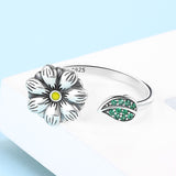 925 Sterling Silver Flower Finger Rings Green Zircon Leaves Open Size Rings For Women