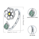 925 Sterling Silver Flower Finger Rings Green Zircon Leaves Open Size Rings For Women