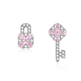 Soft Pink CZ Flower Key and Lock Asymmetry Stud Earrings