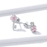 925 Sterling Silver Soft Pink CZ Flower Key and Lock Asymmetry Stud Earrings for Women Wedding Fashion Jewelry