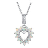 October Birthstone Sterling Silver Created White Fire Opal Necklace Halo Heart Pendant Cubic Zirconia CZ Danity Fine Jewelry for Women 16+2 inches Extender