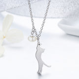 S925 Sterling Silver Playful Kitten Pendant Necklace White Gold Plated Shell Pearl Necklace