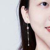 Enamel Pink Flower Long Drop Earrings for Women Sakura Cherry Blossom Dangle Chain Earing Korean Fashion Jewelry
