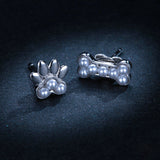 Pet Love Dog Bone Stud Earrings for Girl Sterling Silver 925 White Pearl Asymmetry Ear Studs Elegant Party Jewelry
