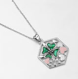 Green Pink Flower 925 Sterling Silver Square Pendant  for Women Shiny Crystal Pendants Necklaces Jewelry Gift