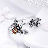 S925 sterling silver bee story ring oxidized cubic zirconia ring