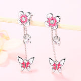 925 Sterling Silver pink daisy flower plant Tassel earring zircon butterfly Stud Earring for Women party Jewelry gift