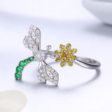 S925 sterling silver dragonfly and daisy ring White Gold Plated cubic zirconia ring