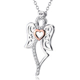 Silver Crystal CZ Spirit Angel Wings Heart Pendant Necklace Jewelry