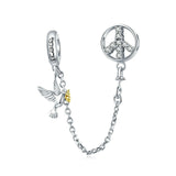 925 Sterling Silver  Peace Bird Safety Chain Charm For Bracelet  Fashion Jewelry For Women