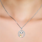 Double Owls And CZ Circle 925 Sterling Silver Pendant Necklace