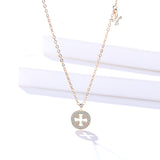 S925 sterling silver micro-set geometric round pendant champagne hollow cross necklace