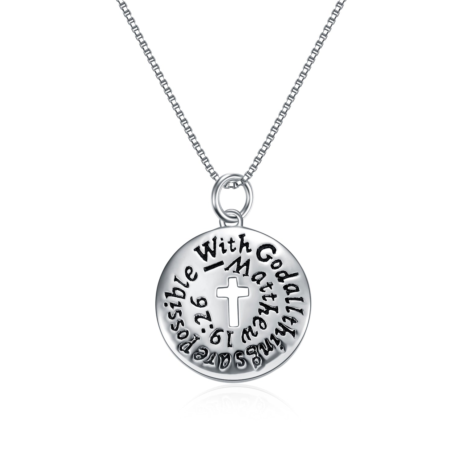 All Things Is Possible with God Engraved Round Disc Necklace Silver 925