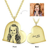 Personalized 14K Gold Love Heart Kids Engraved Photos Necklaces Adjustable 16”-20”