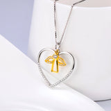 Angel Wing Cubic Zirconia Heart Pendant Necklace Silver Jewelry