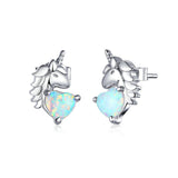 925 Sterling Silver Unicorn With Heart Opal Stud Earrings Precious Jewelry For Women