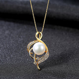 Infinity heart shape yellow gold plated  Crystal Zircon Nature  Freshwater Pearl Pendant S925 Sterling Silver Necklace