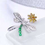 S925 sterling silver dragonfly and daisy ring White Gold Plated cubic zirconia ring