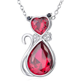 Red Water Drop Shape Crystal Cat Necklace Silver Design Animal Necklace
